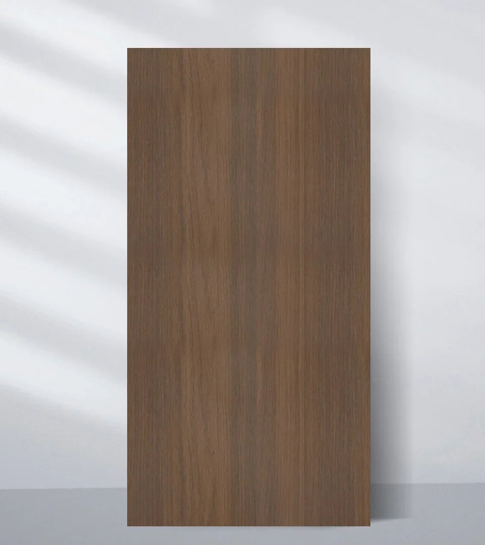 Rich brown wood veneer wall panel sample with fine vertical grain