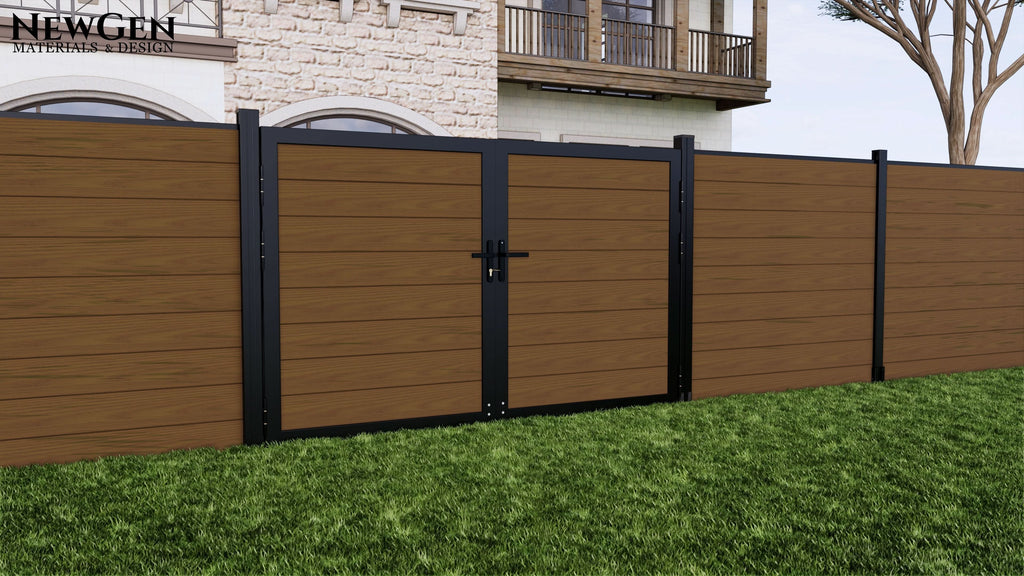 Walnut composite privacy fence with aluminum posts and double gate