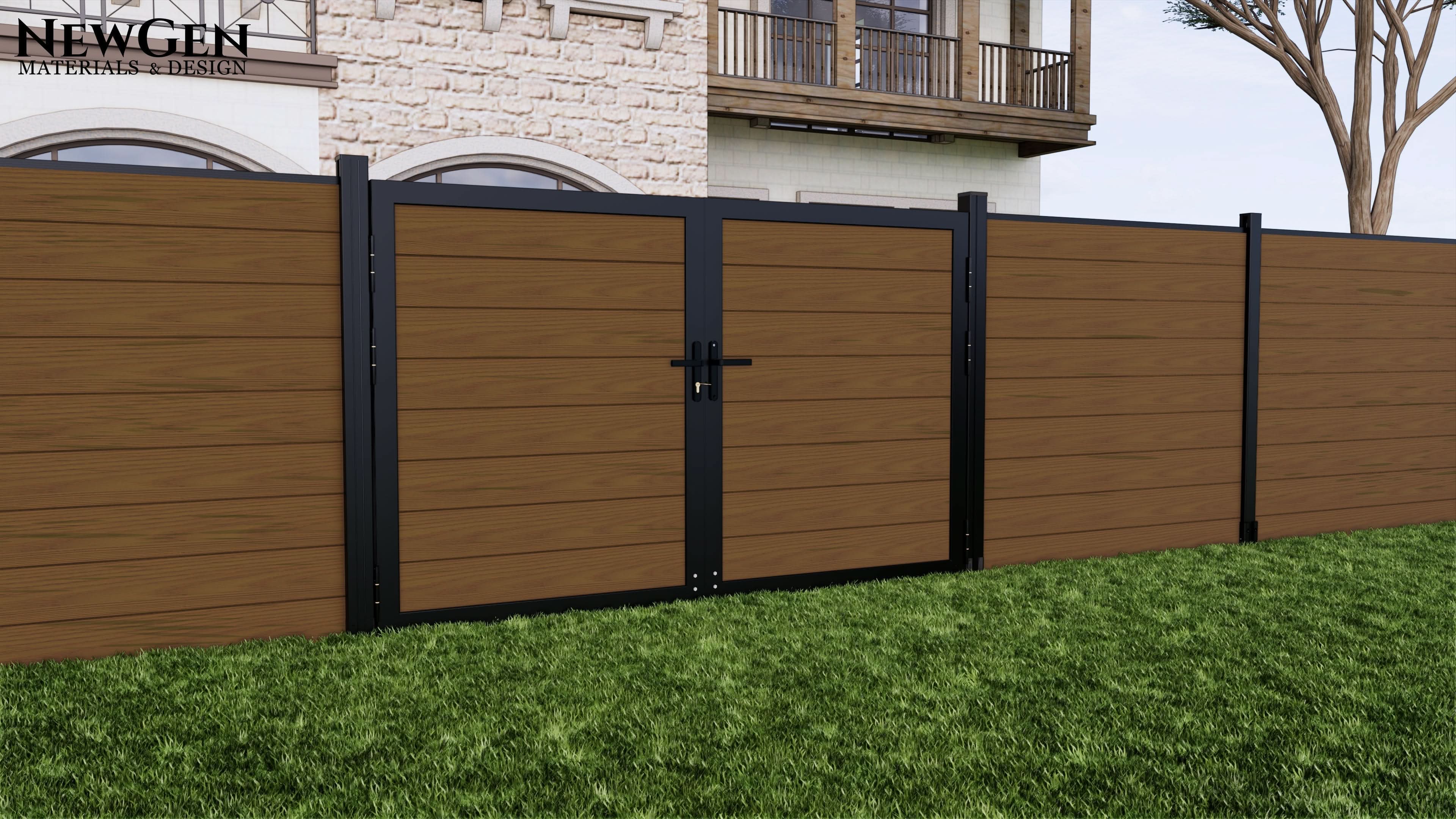 Walnut composite privacy fence with aluminum posts and double gate