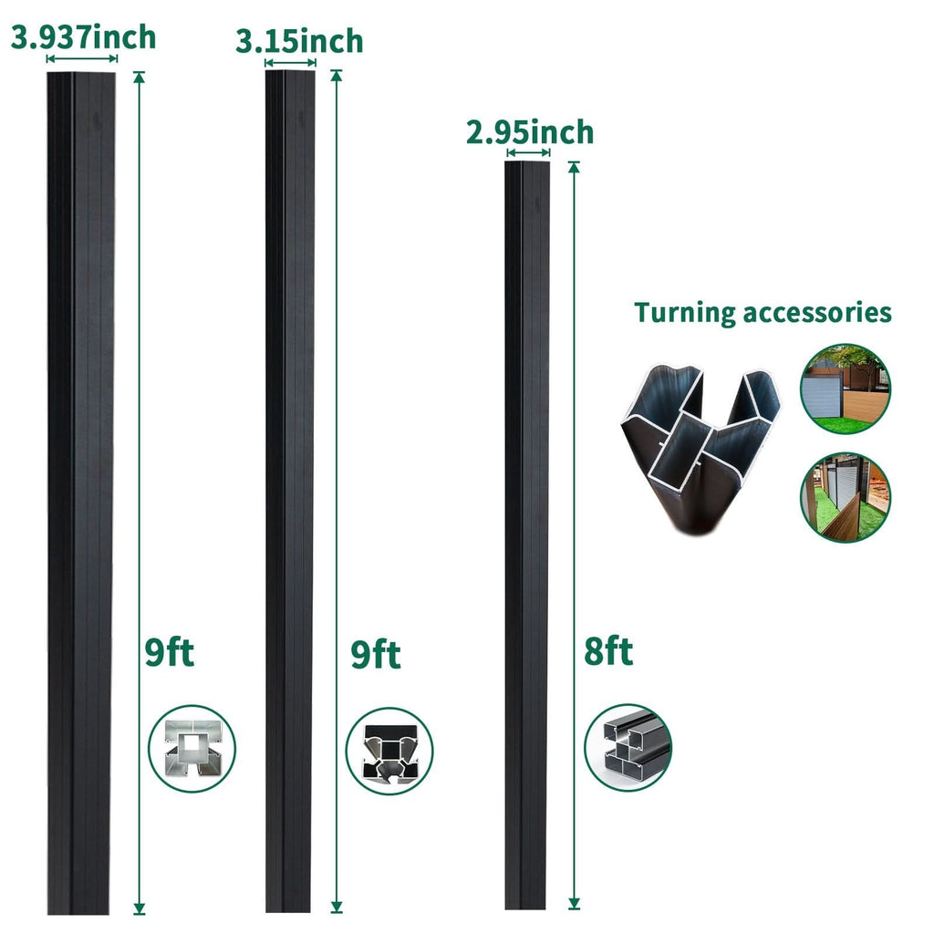Black aluminum fence posts showing 9ft and 8ft heights with 3.937-inch, 3.15-inch, and 2.95-inch widths