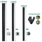 Black aluminum fence posts showing 9ft and 8ft heights with 3.937-inch, 3.15-inch, and 2.95-inch widths