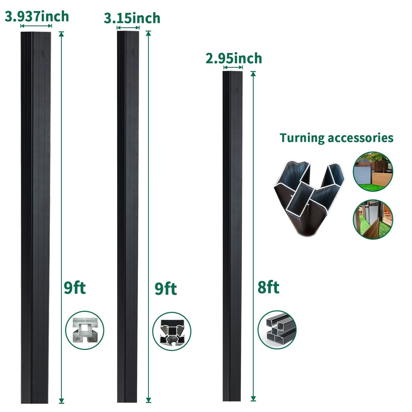 Black aluminum fence posts showing 9ft and 8ft heights with 3.937-inch, 3.15-inch, and 2.95-inch widths