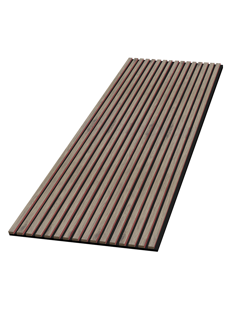 White acoustic wood slat wall panel with long veneered slats on black backing Main image