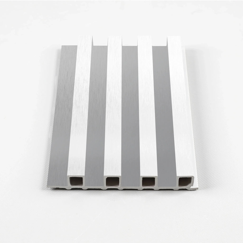 White Brushed Modern WPC fluted wall panel sample with vertical grooves