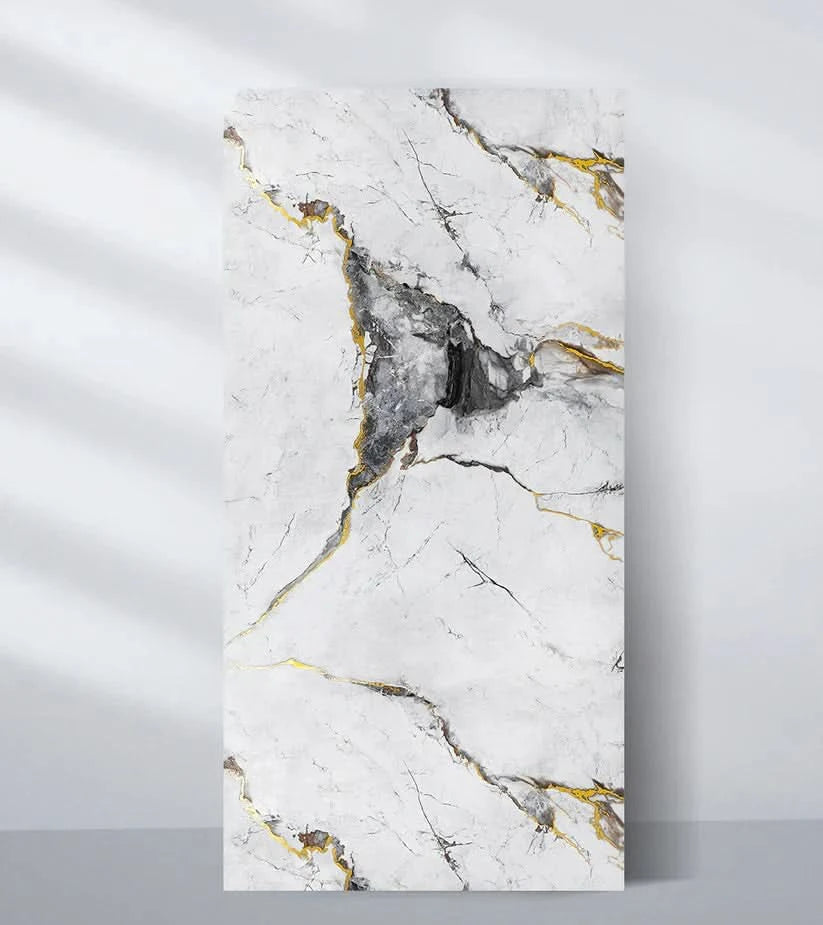 White Deep Gray marble PVC wall panel with bold gray veins and fine gold accents