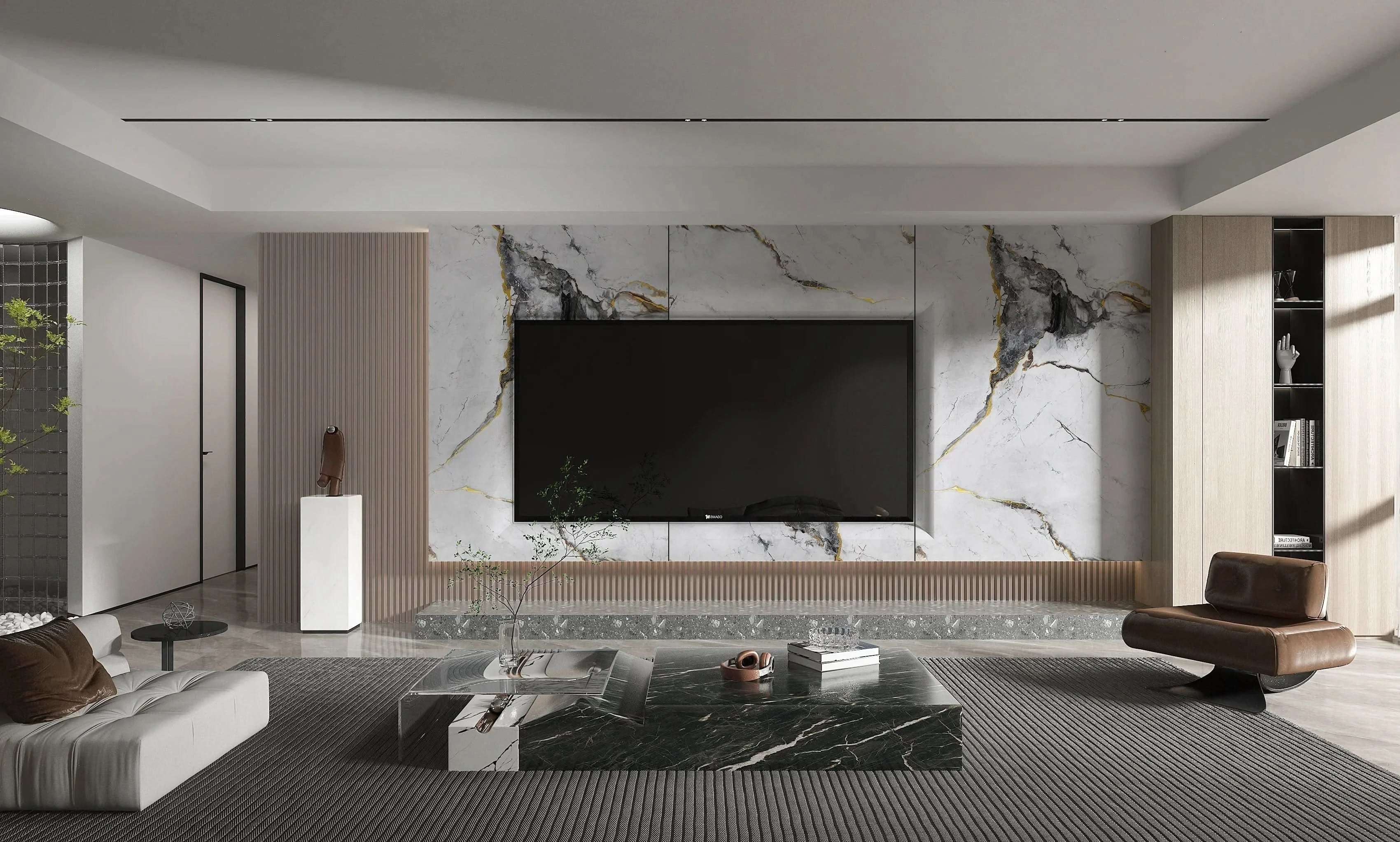 White marble PVC wall panel with deep gray and gold veining TV wall interior design