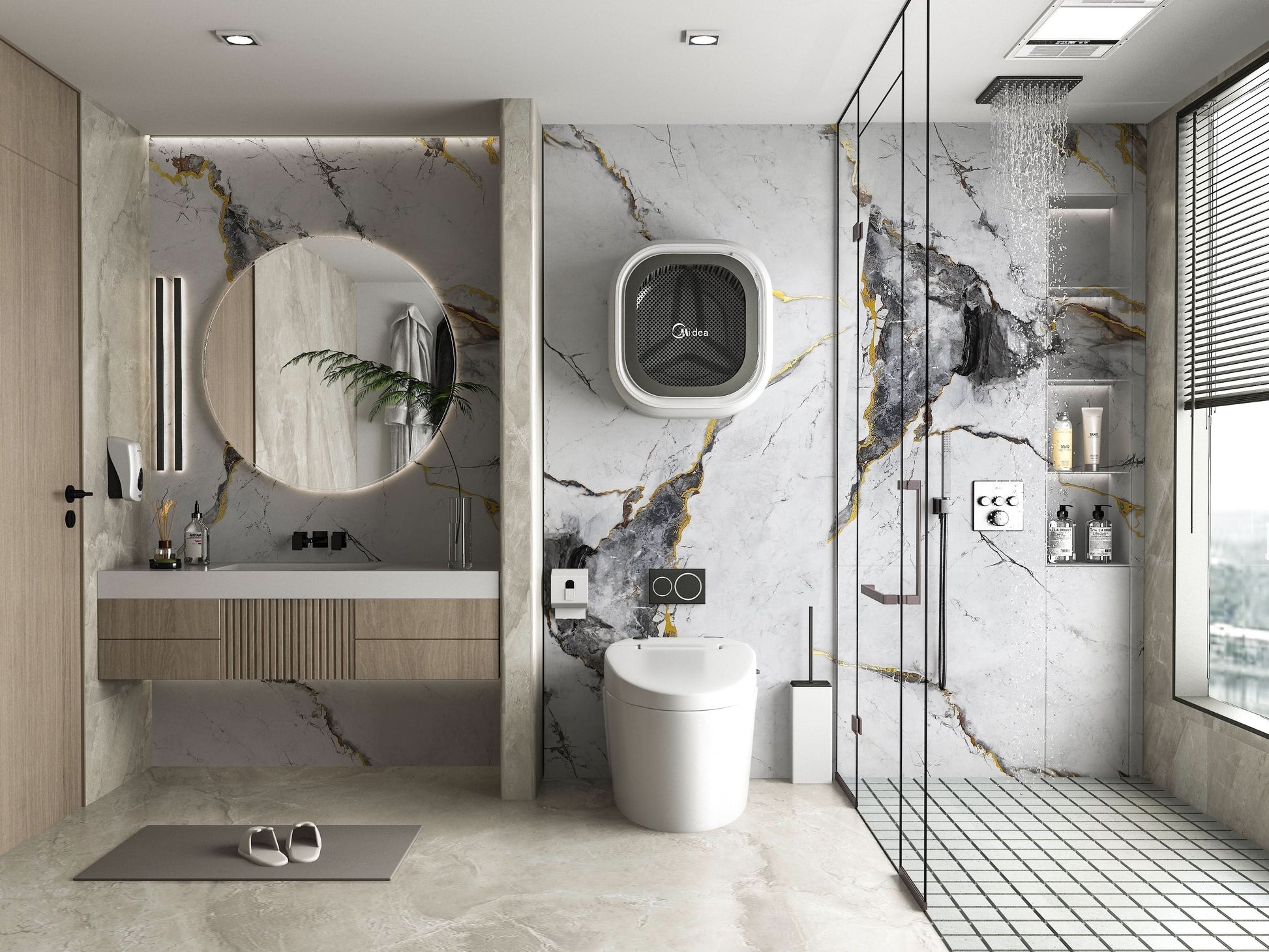 White Deep Gray marble PVC wall panel with dark gray veining and gold accents