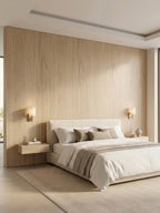 White oak veneer wall panels installed behind a bed in a modern neutral bedroom