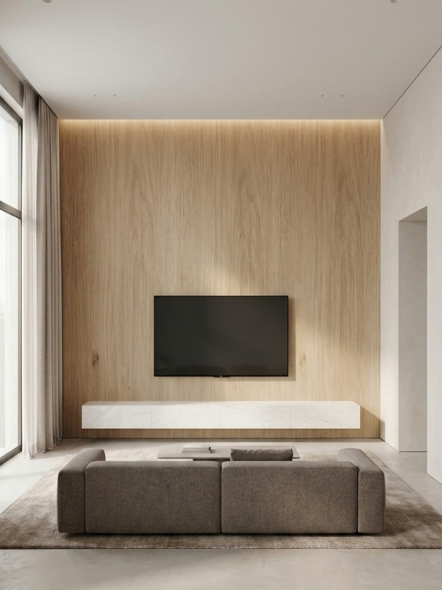 White oak veneer TV wall with vertical grain in a minimalist living room