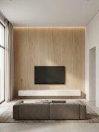 White oak veneer TV wall with vertical grain in a minimalist living room