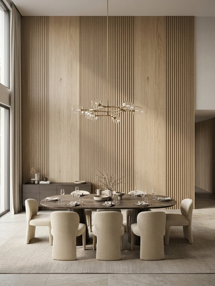 White oak veneer wall panels with vertical fluted accents in a modern dining room