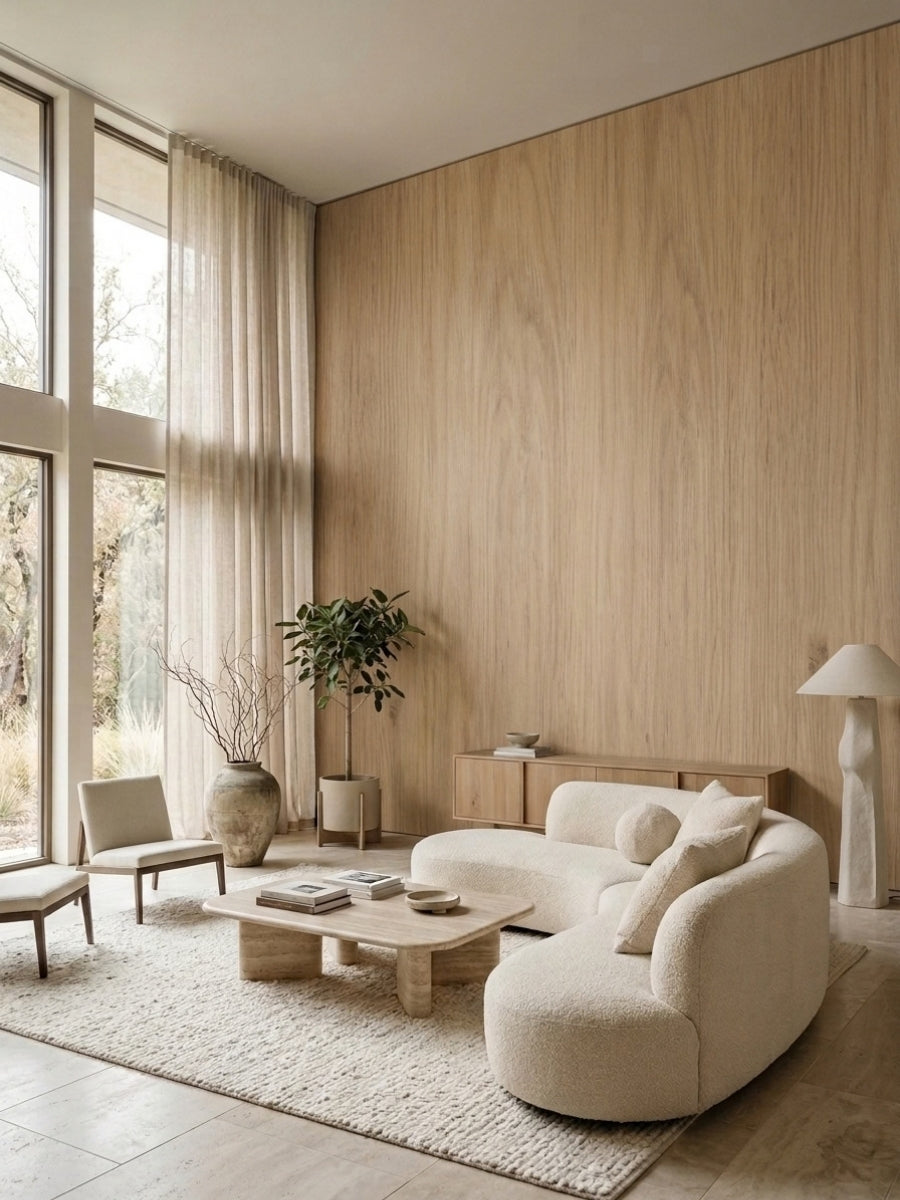 White oak veneer feature wall in a bright living room with curved seating