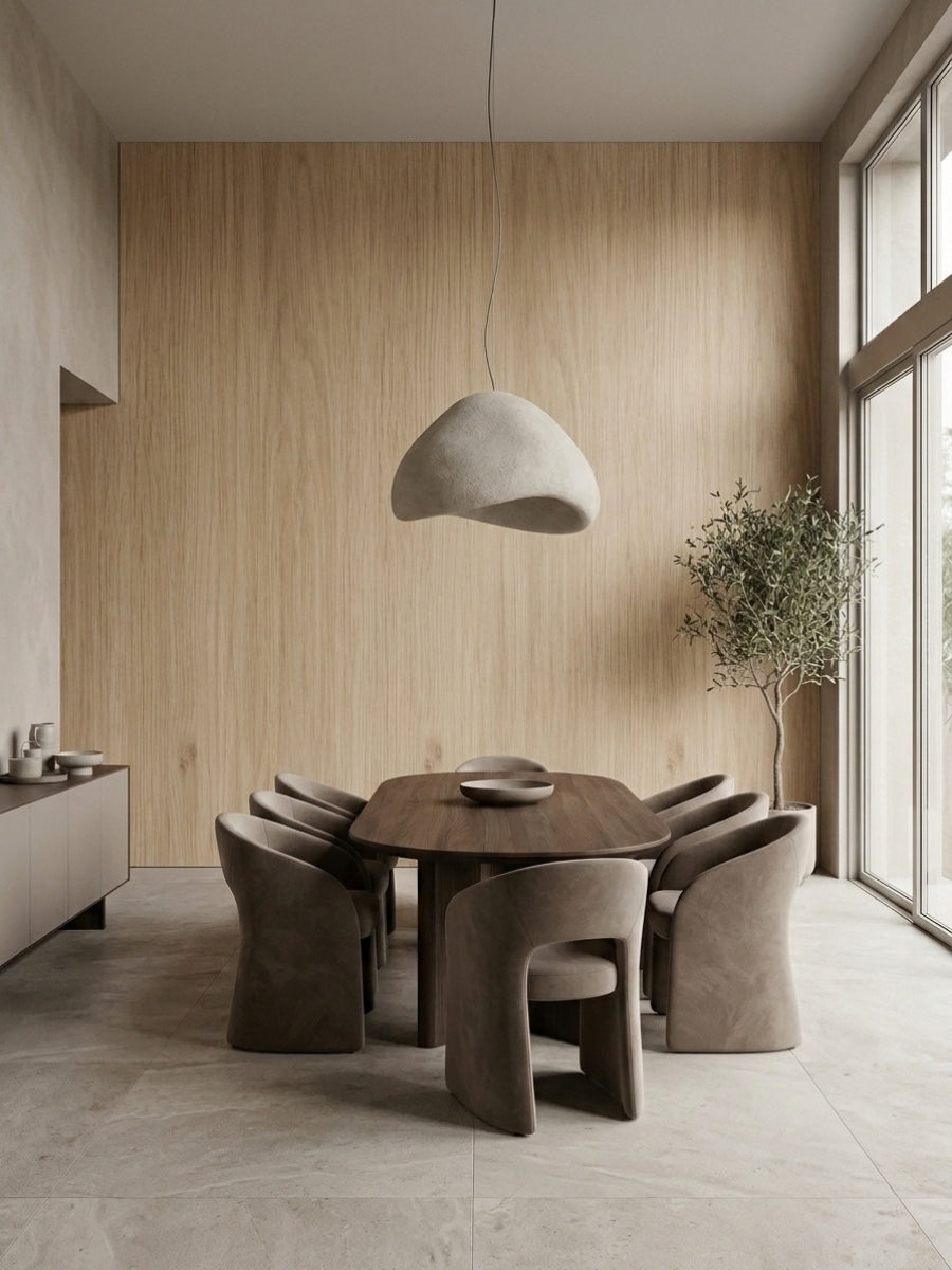 White oak veneer wall panels lining a modern dining room with vertical wood grain