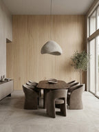 White oak veneer wall panels lining a modern dining room with vertical wood grain