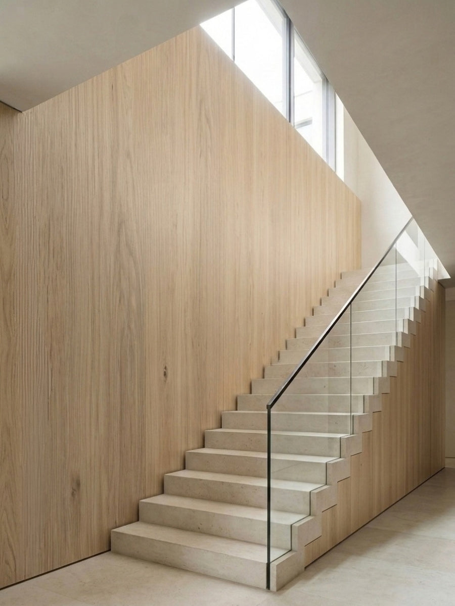 White oak veneer panels installed along a tall stairway wall with glass railing