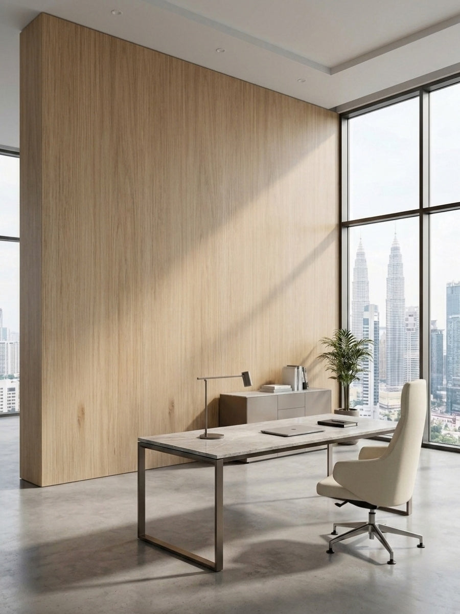 White oak veneer accent wall in a modern office with floor-to-ceiling windows