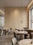 White oak veneer wall panels creating a warm feature wall in a modern restaurant
