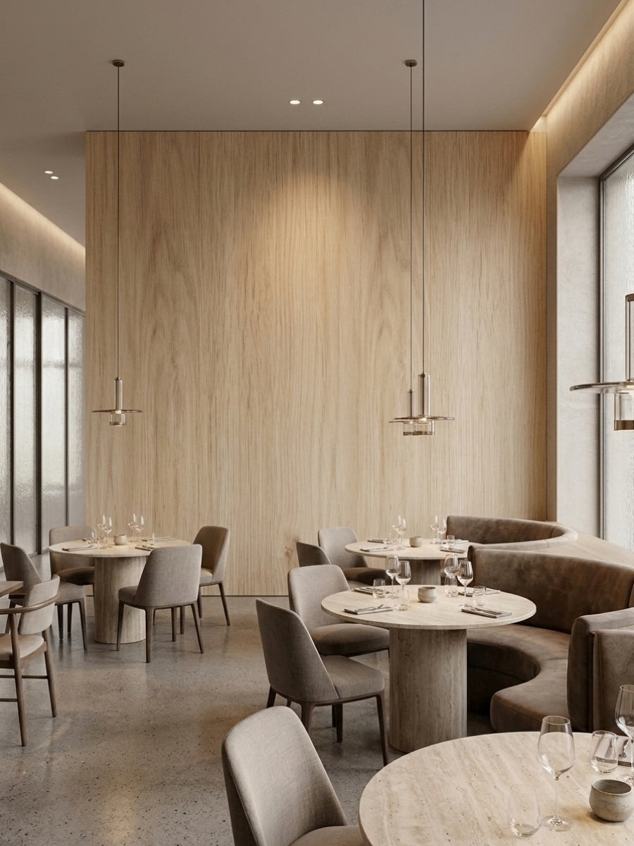 White oak veneer wall panels creating a warm feature wall in a modern restaurant