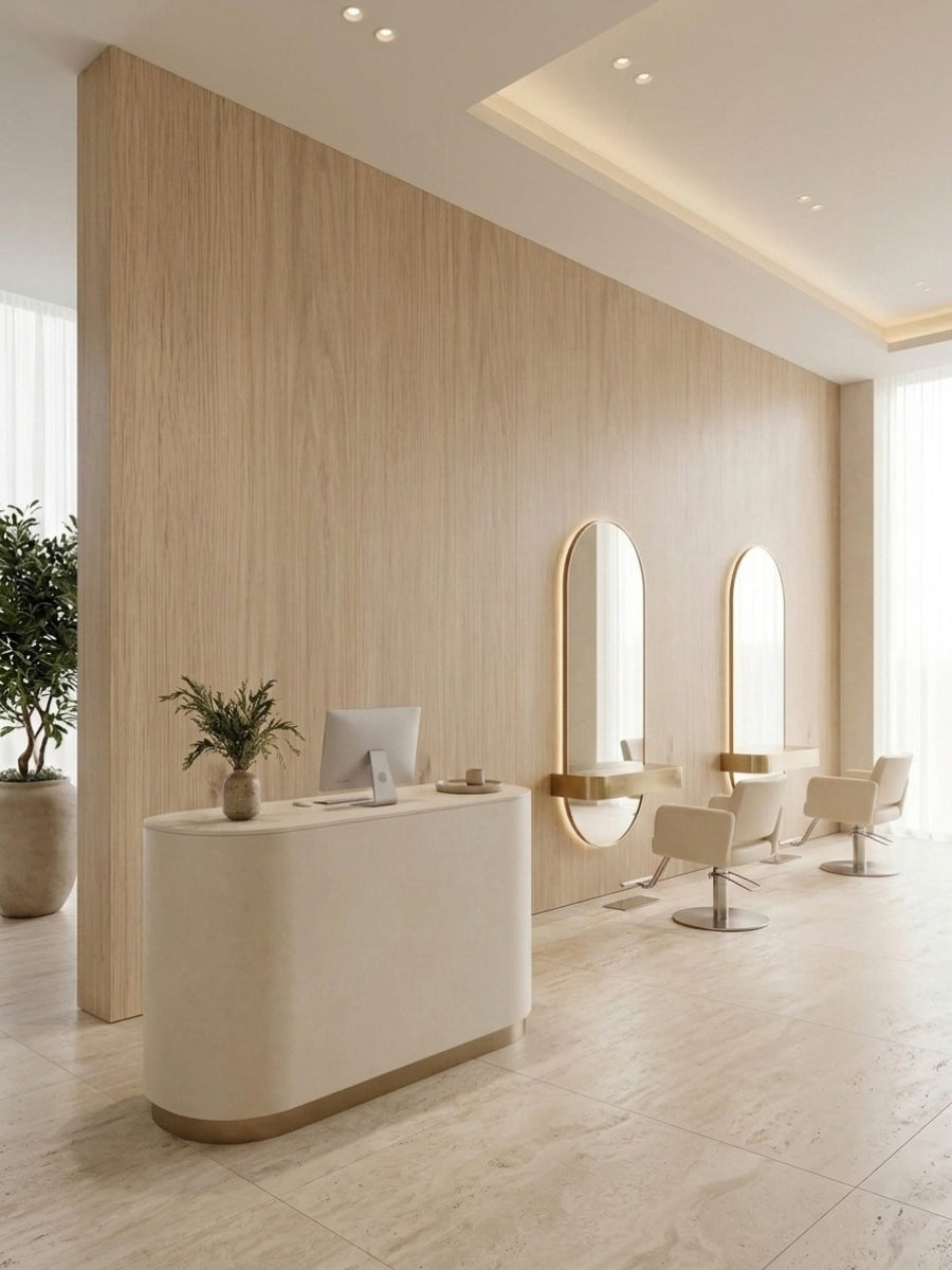White oak veneer feature wall with arched mirrors in a bright salon reception area