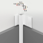 White aluminum inside corner trim installed between PVC wall panels with profile dimensions shown
