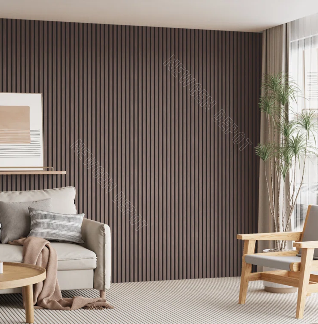 Modern living room accent wall with brown fluted wall panels and vertical slat design