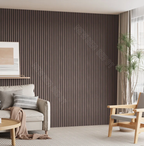 Modern living room accent wall with brown fluted wall panels and vertical slat design