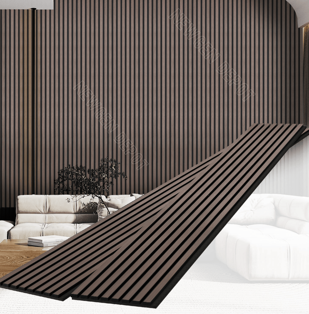 Brown fluted wall panel installed as modern interior accent wall with vertical slat design