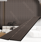 Brown fluted wall panel installed as modern interior accent wall with vertical slat design