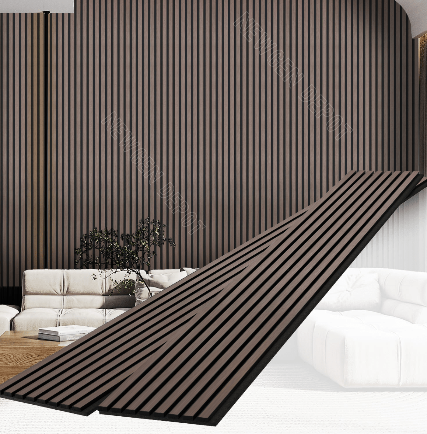 Brown fluted wall panel installed as modern interior accent wall with vertical slat design