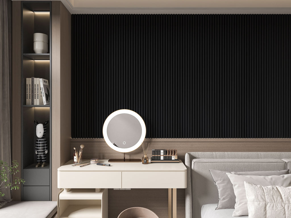 Luxe Noir black WPC fluted 3D wall panels accent wall in modern bedroom interior