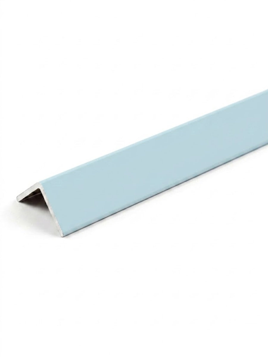 Light blue smooth angled trim for acoustic and fluted wall panels