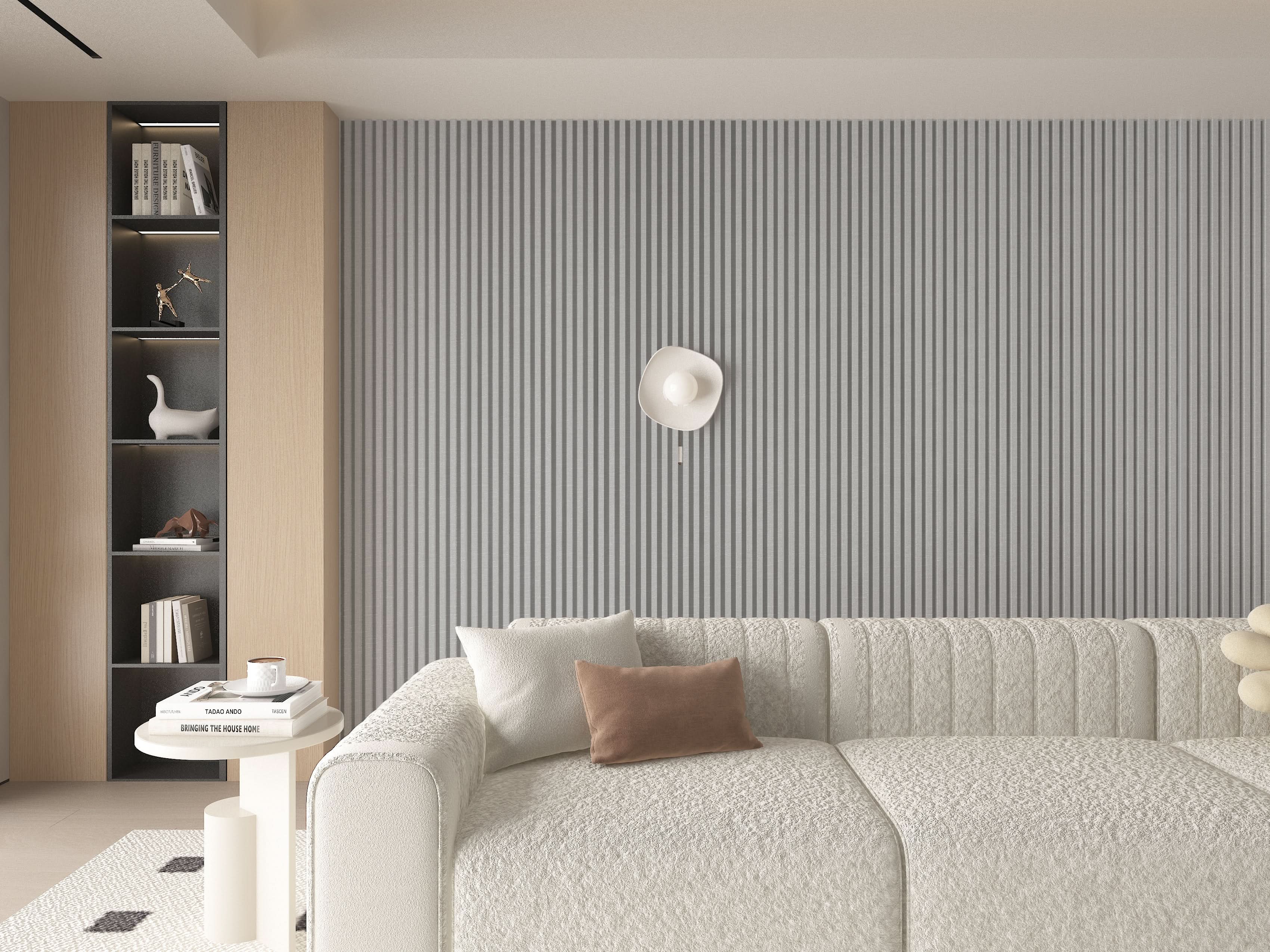 Modern living room accent wall with gray fluted wall panels behind contemporary sofa