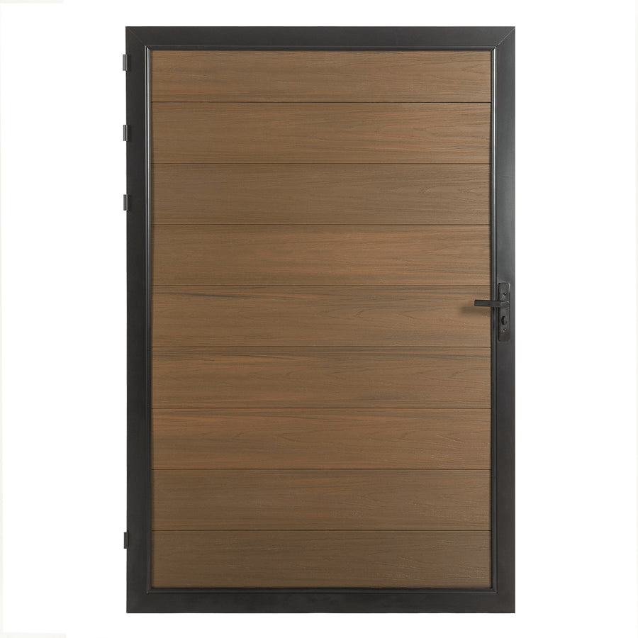 Wood-look composite single fence gate with aluminum frame and horizontal panels