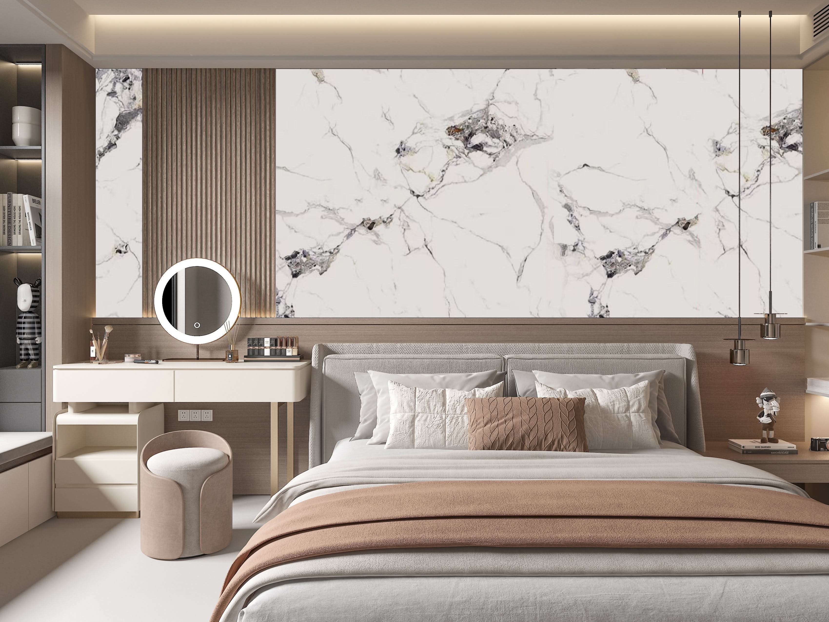 Modern bedroom interior with white marble wall panels, wood accents, and luxury decor