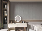 Modern bedroom vanity wall with vertical fluted wall panels in gray textured finish