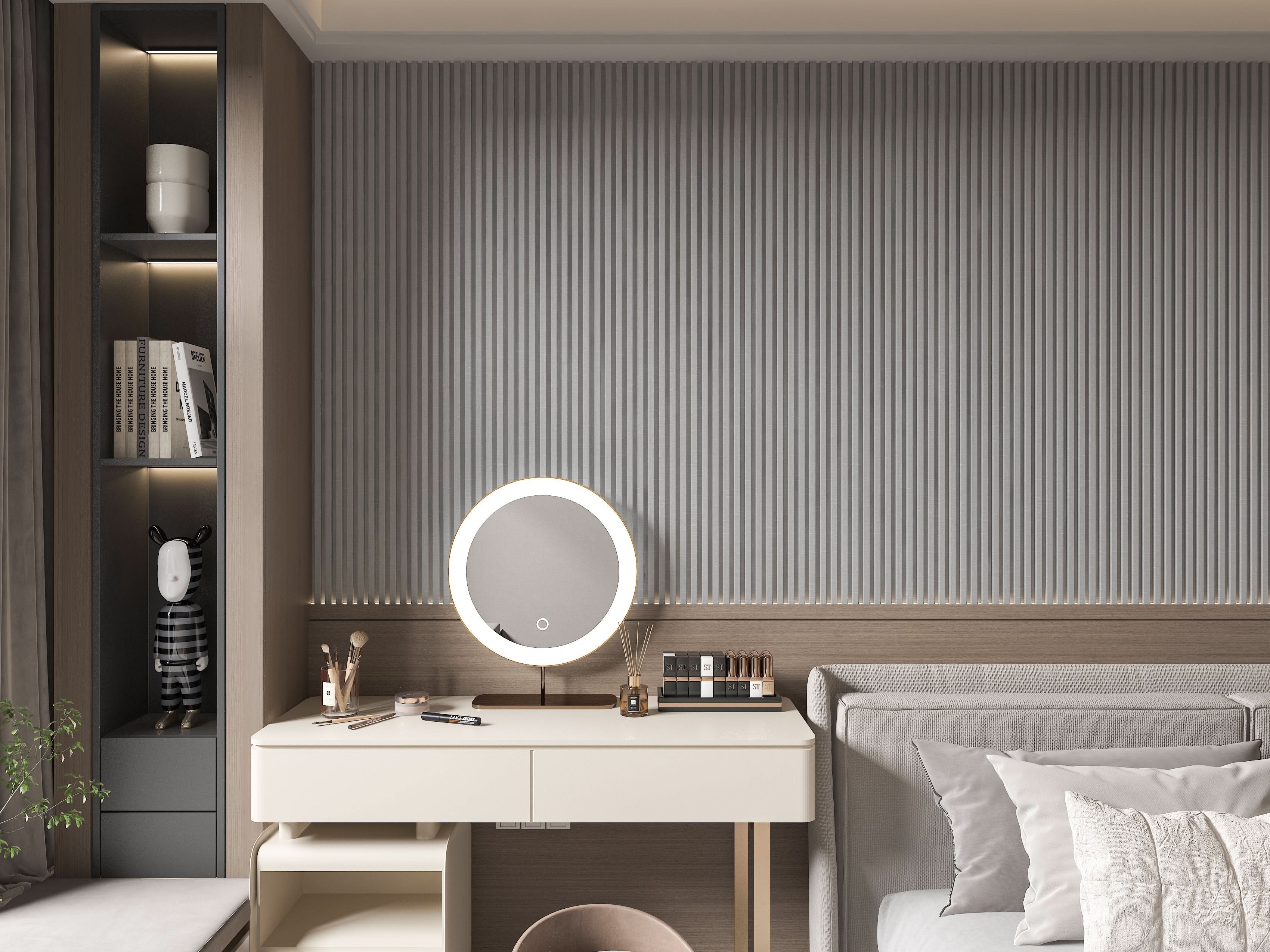 Modern bedroom vanity wall with vertical fluted wall panels in gray textured finish