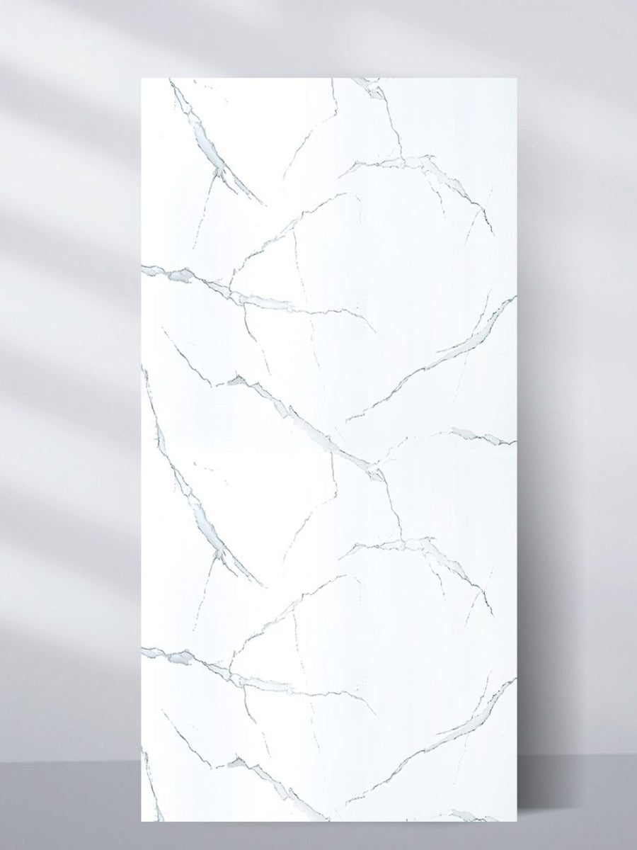 White Gray Pearl Marble PVC wall panel with delicate gray veining, shown upright in a 4 x 8 ft sheet. Main image