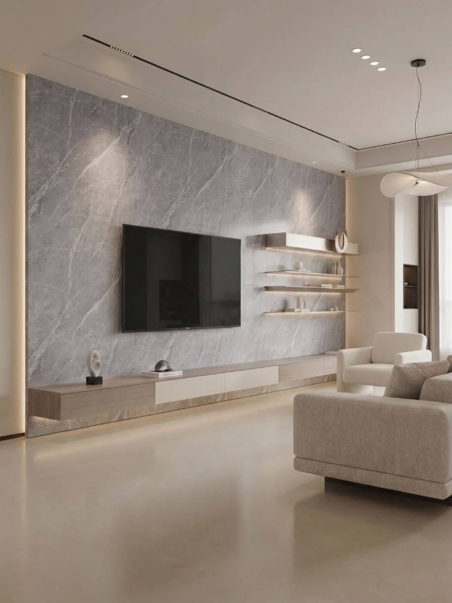 Modern living room with an ash gray marble PVC feature wall, mounted TV, floating shelves, and neutral seating