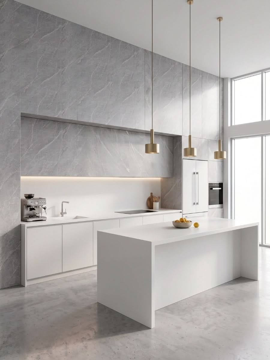 Ash gray marble PVC wall panels installed on an accent wall in a modern white kitchen