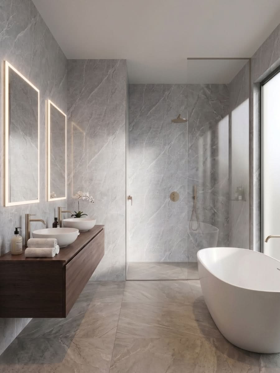 Ash gray marble PVC wall panels surrounding a modern bathroom vanity, shower, and freestanding tub