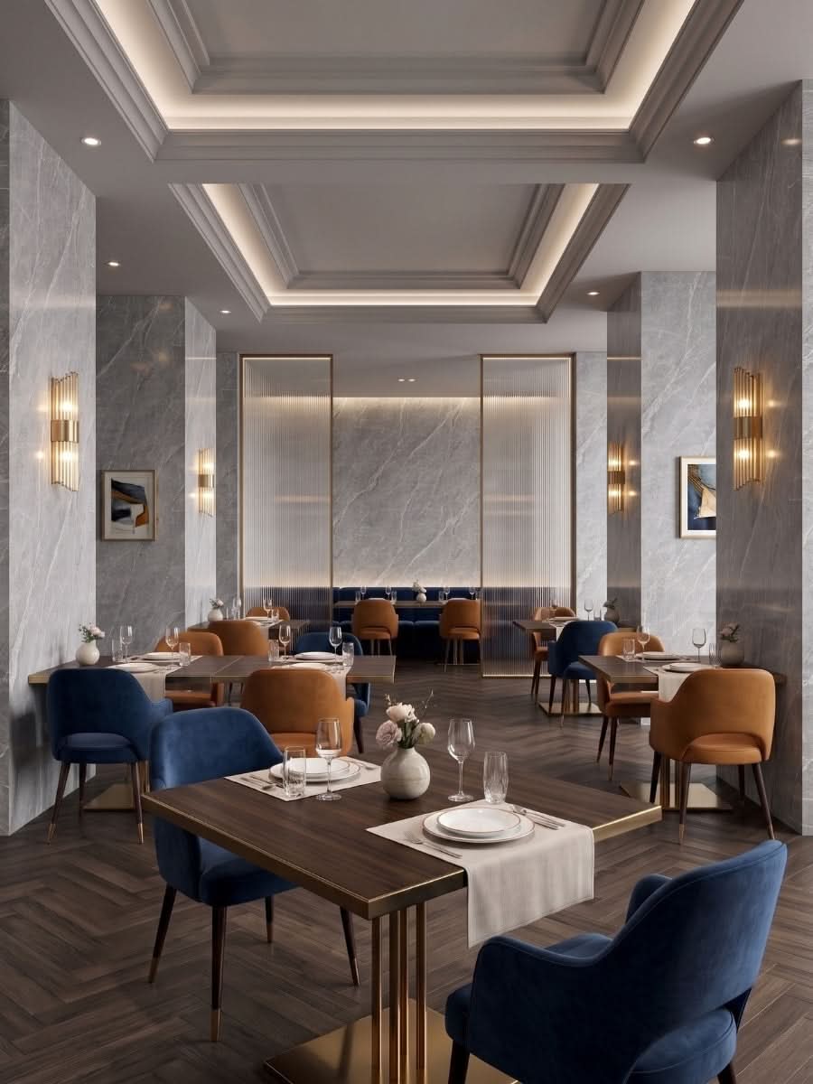 Restaurant interior with ash gray marble PVC wall panels, set dining tables, and blue and tan chairs