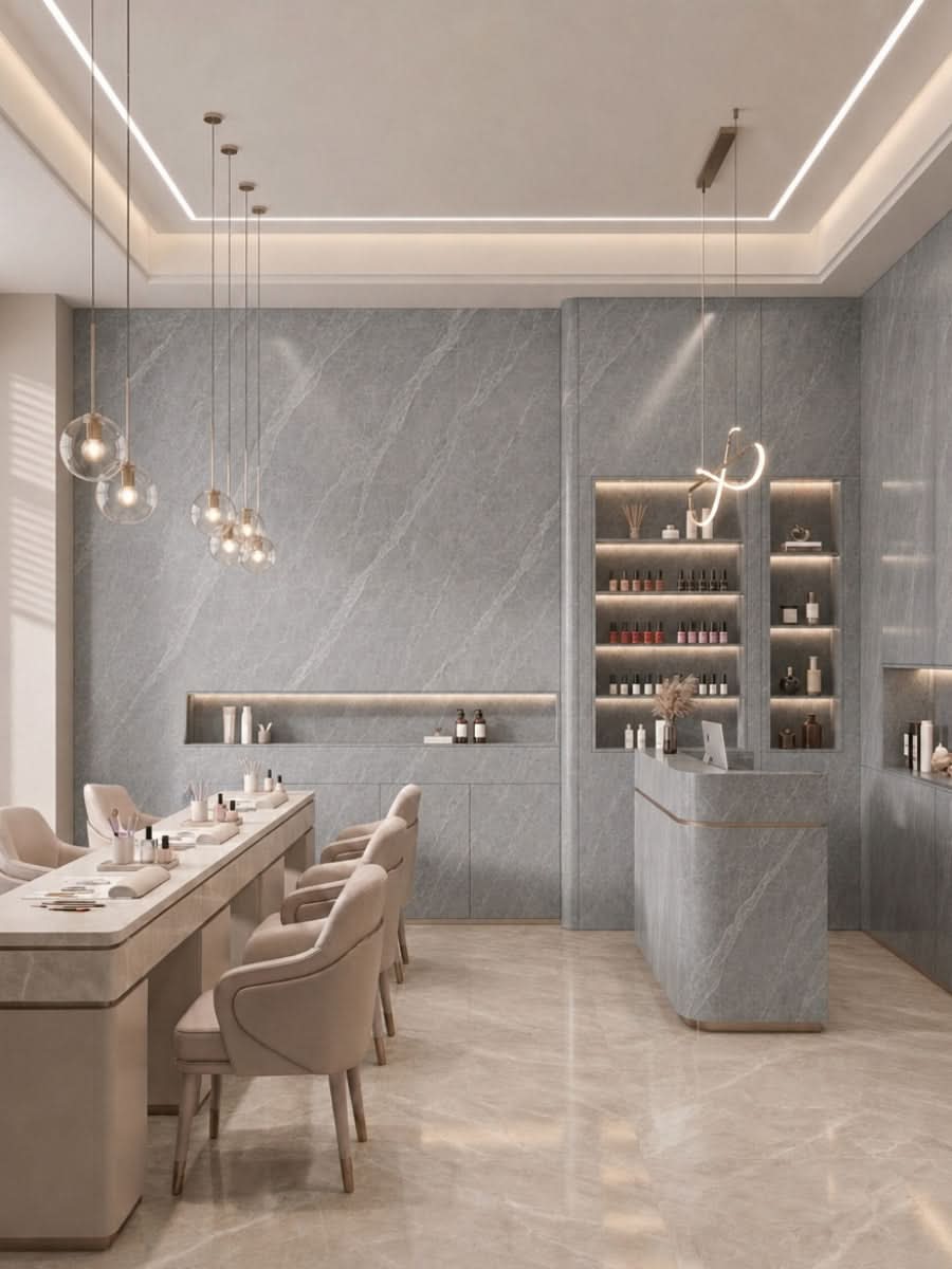 Contemporary salon with ash gray marble PVC wall panels, manicure stations, and illuminated display shelves