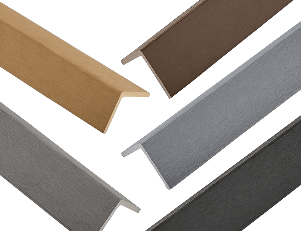 Aluminum wall panel L trims in wood-tone, bronze, gray, and black finishes for edge and corner finishing