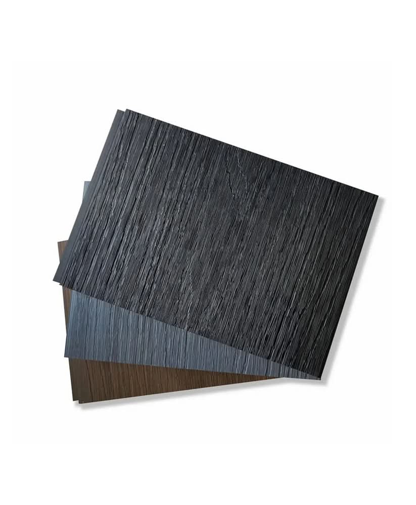 Composite fence panel color samples in dark gray, charcoal, and brown wood-grain finishes