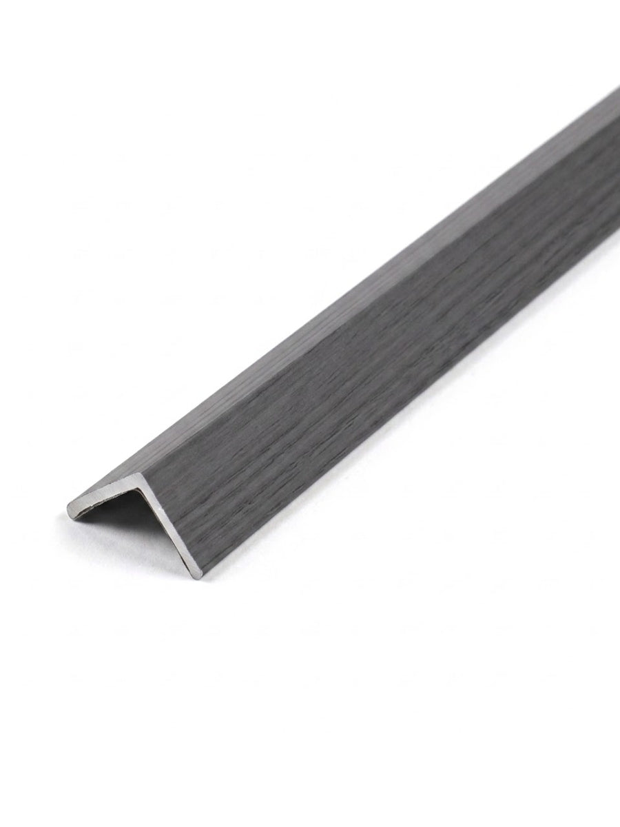 Medium gray wood-look angled trim for acoustic and fluted wall panels