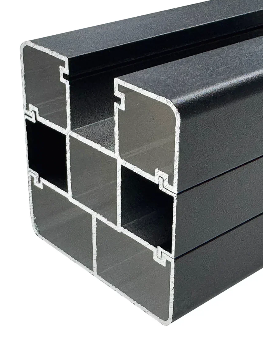 Cross-section of the black above-ground fence post showing internal support chambers and side channel