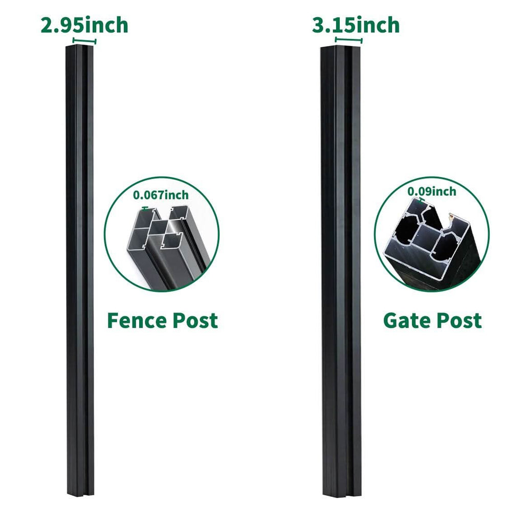 Black aluminum fence post and gate post showing 2.95-inch and 3.15-inch widths