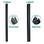 Black aluminum fence post and gate post showing 2.95-inch and 3.15-inch widths