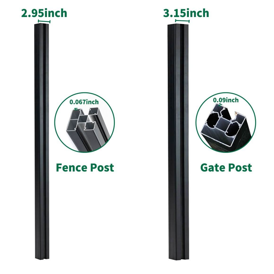 Black aluminum fence post and gate post showing 2.95-inch and 3.15-inch widths