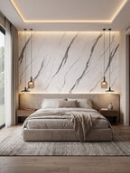 Modern bedroom with White Matte Marble UV PVC wall panels